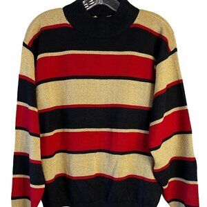 LISE J Women's Mock Neck Size L Red, Black & Gold Glitter Striped Sweater